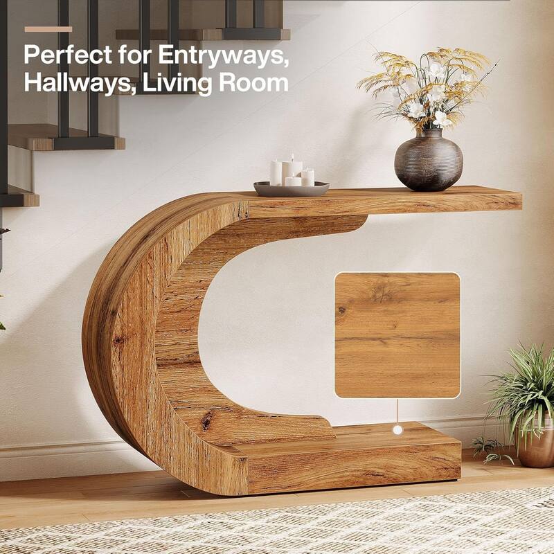 43.3 Inches Brown Wood C-Shaped Console Table, Mid-Century Modern Entryway Table for Living Room