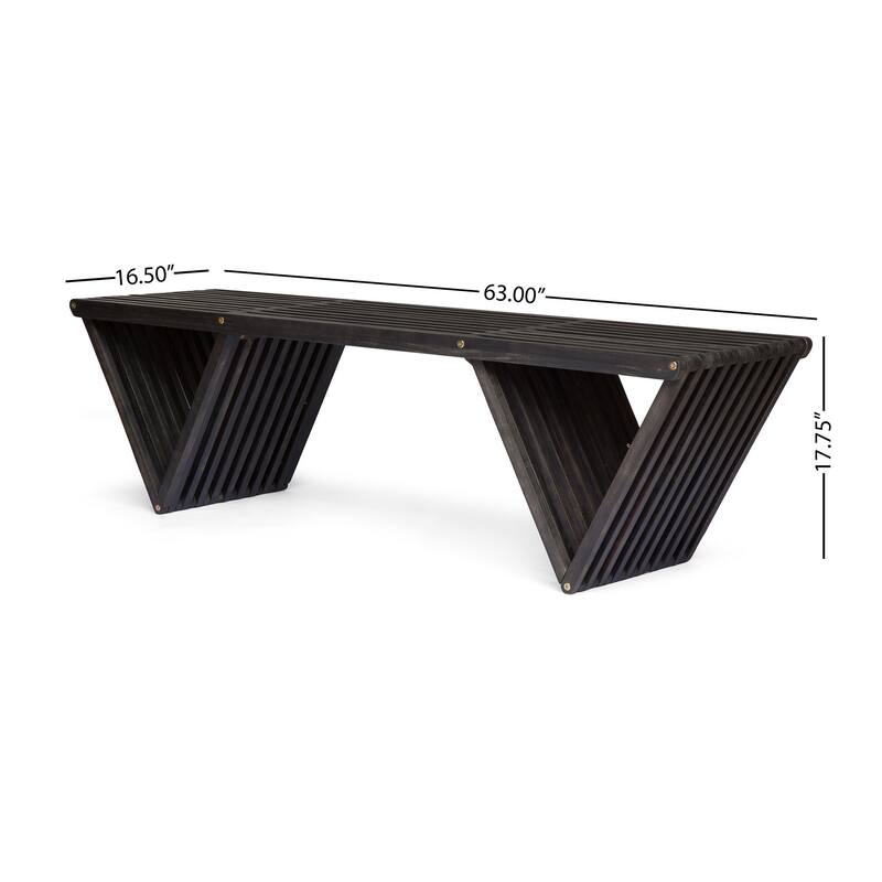 Riah Outdoor Bench, Angled Legs, Slatted 63 Inch Dark Gray Acacia Wood