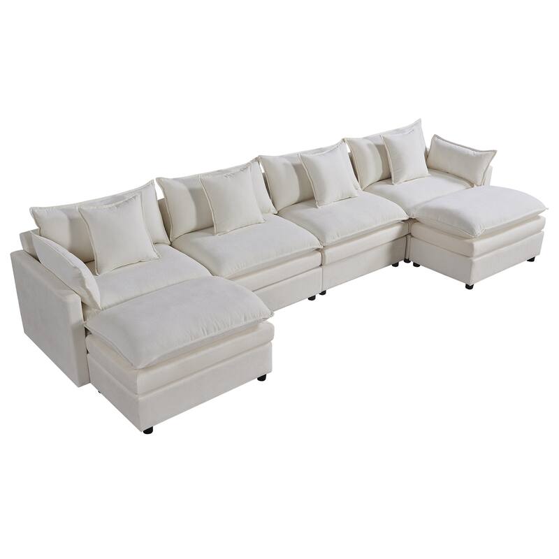 U-Shaped Chenille Fabric Couch with Ottoman Bench, Spacious 4-Seater Sofa for Living Room