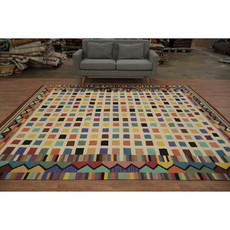 Hand Woven Oriental 100% Wool Carpet Southwestern Modern Beige & Ivories Kilim Area Rug - 10' 0'' X 8' 5''