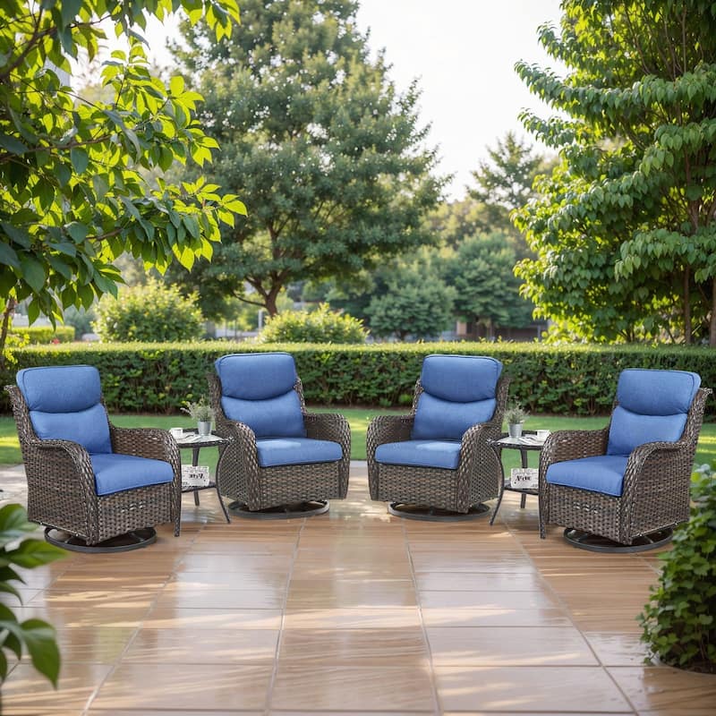 6 Pieces Outdoor Gliders Swivel Chairs with Table with 5-Inch Thick Cushions - Brown Rattan - Blue Cushion - 5PCS Swivel Chairs with Table