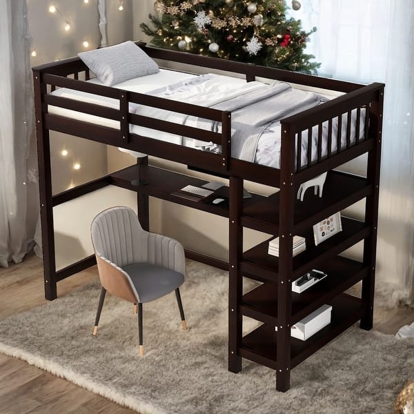 slide 2 of 16, Industrial Modern Twin Size Loft Bed with Storage Shelves and Under-bed Desk, Sturdy Construction & Safety Guaranteed, Black Black