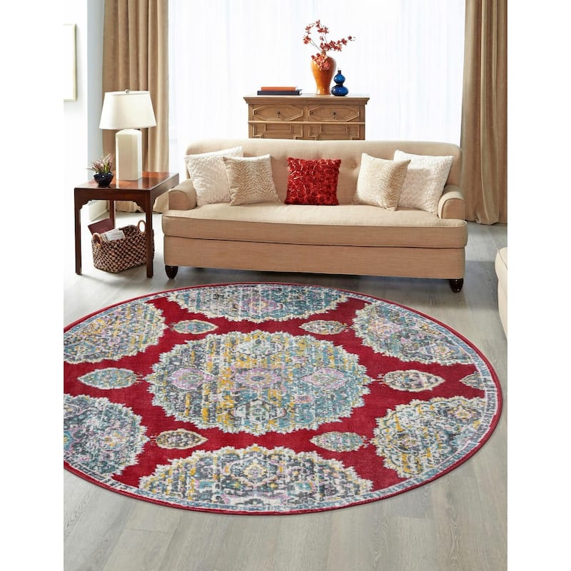 Transitional Laka Collection Area Rug - Red - 5'5" Round