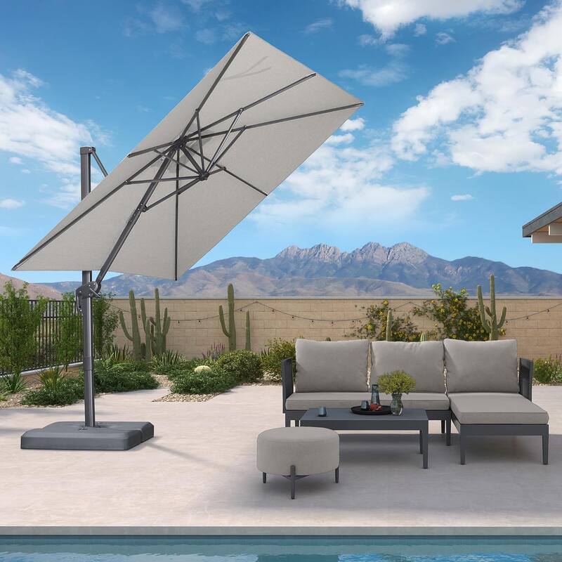 PURPLE LEAF Stylish UV50+ Fade Resistant Patio Cantilever Umbrella With Base - 9ft Light Grey