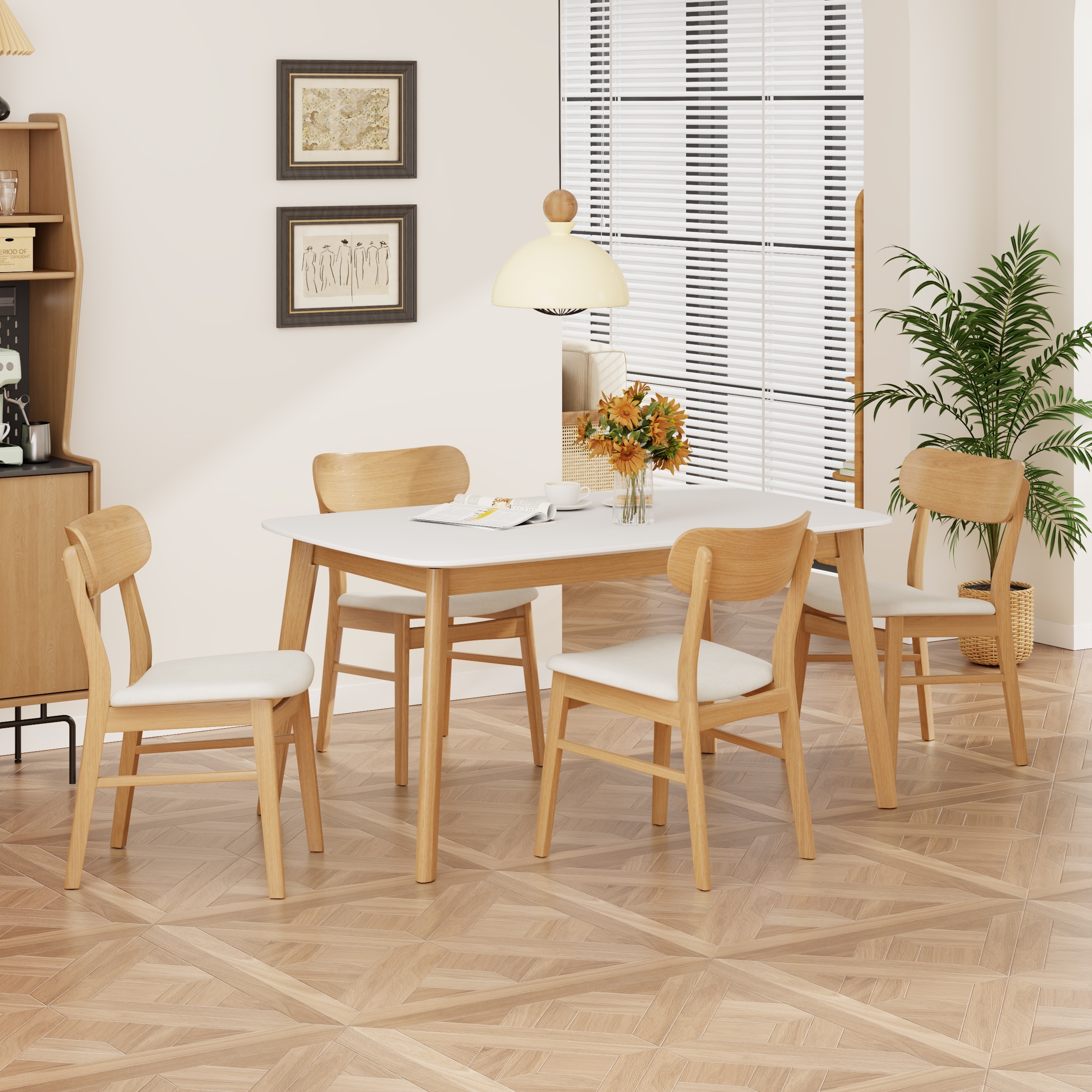 Roomfitters 5-Piece Mid-Century Dining Set, 59" White Oak Table with 4 Upholstered Solid Wood Chairs