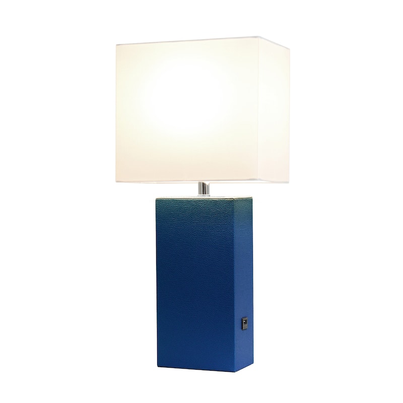 Modern Leather Table Lamp with USB and White Fabric Shade