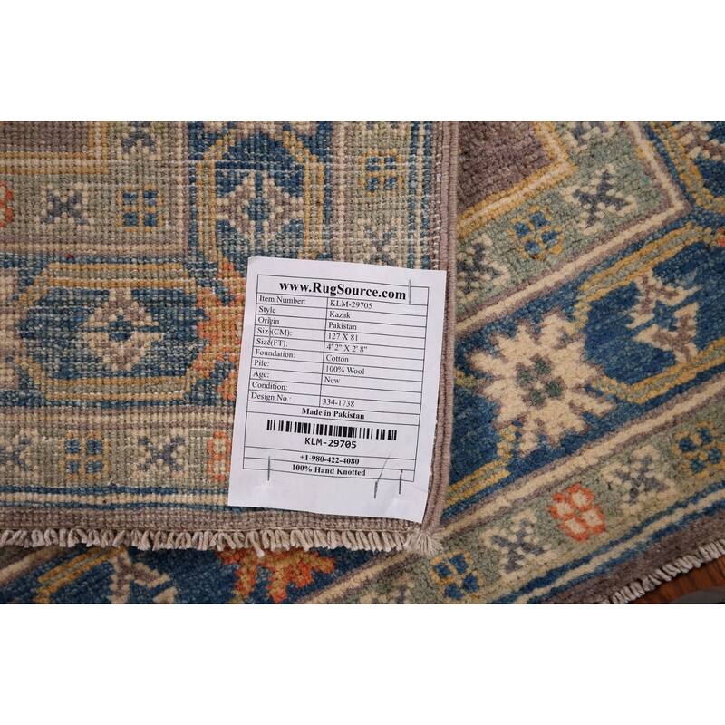 Traditional Kazak Oriental Foyer Rug Handmade Grey Wool Carpet - 2'8" x 4'2"