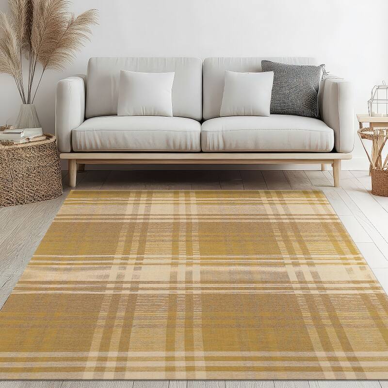 Home Decor EORC Handmade Wool Plaid Rug Stylish Yellow Area Rug for Living Room, Bedroom, Office, & Home Décor Durable & Trend