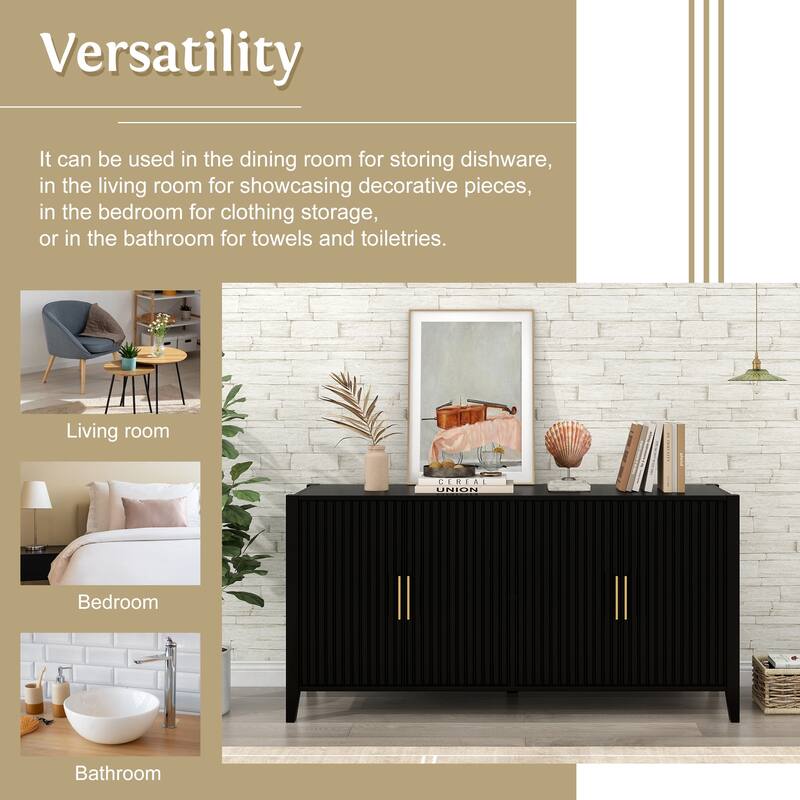 63.1"Modern 4-Vertical Wavy Slatted Doors Sideboard,Storage Cabinet With Elegant Design, Solid Wood Legs, Metal Handles