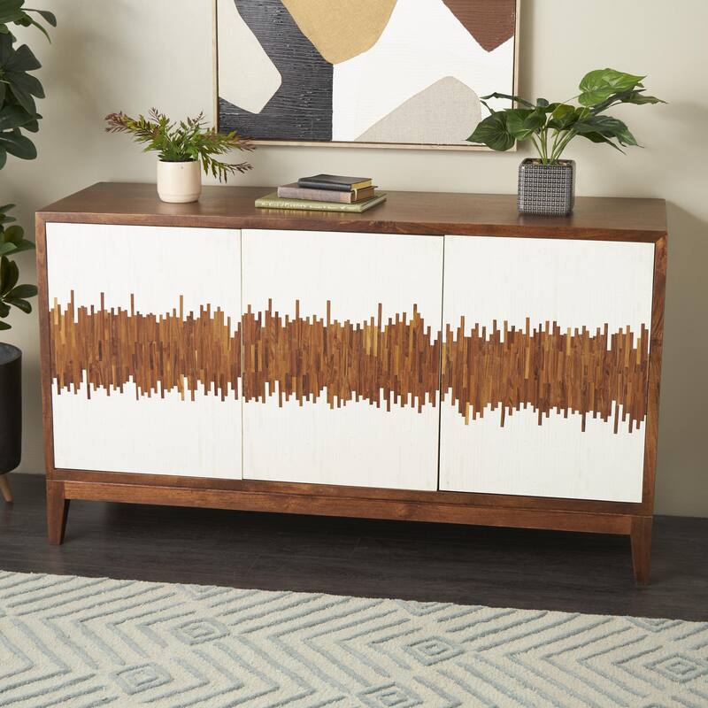 Brown or Black Mango Wood 3 Door and 3 Shelf Abstract Media Credenza Sideboard with White Front and Striped Pattern - Brown