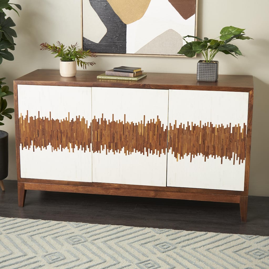 Brown or Black Mango Wood 3 Door and 3 Shelf Abstract Media Credenza Sideboard with White Front and Striped Pattern
