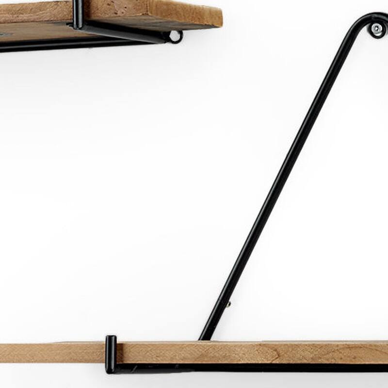 HomeRoots Set Of Three Black And Brown Metal And Solid Wood Triangle Wall Mounted Accent Shelves