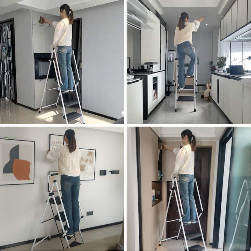 Anmytek 5 Step Folding Ladder Stool Steel Anti Slip Wide Pedals White Lightweight 330 Lb