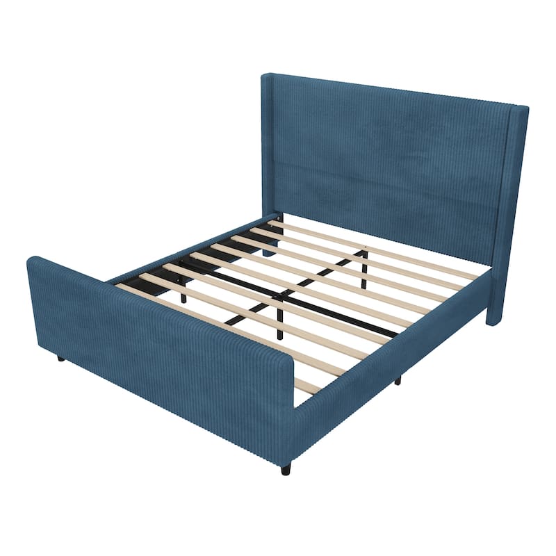 Vertical Stripe Wingback Bed Corduroy Fabric Frame Platform Bed
