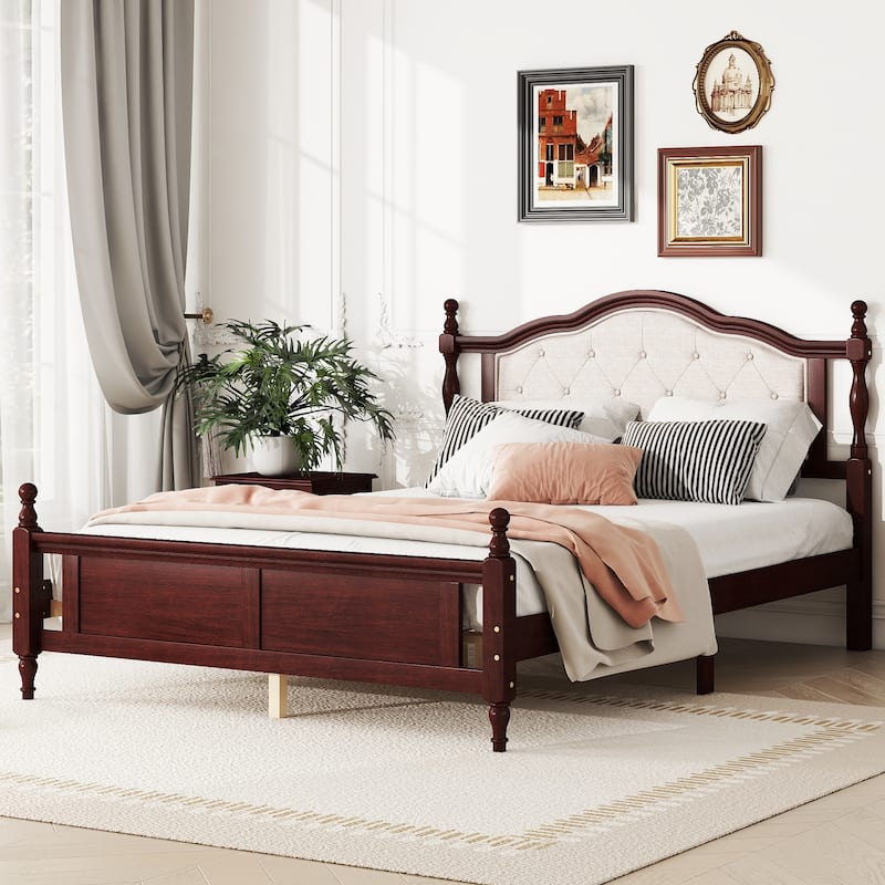 Queen Pine Wooden Bed with Upholstered Headboard and Panel Footboard, Cherry Finish