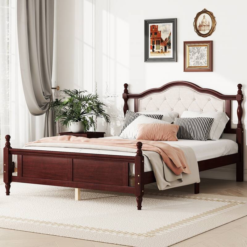 Roomfitters Queen Pine Wood Bed Frame with Upholstered Headboard and Panel Footboard, Platform Support Design, Cherry