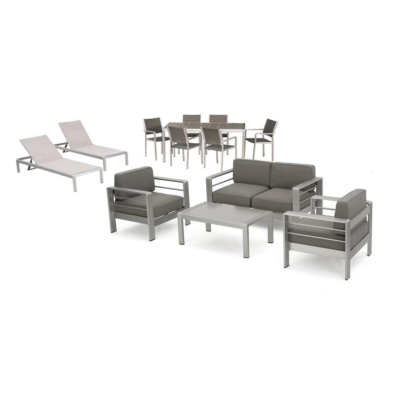 Cape Coral 7 Piece Dining Set and 4pc Chat Set and 2 Chaise Lounges by Christopher Knight Home - silver + gray + khaki cushion