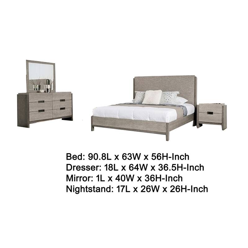 Rizvi 4pc Queen Bedroom Set, Beveled Mirror, Dresser, Gray Solid Wood