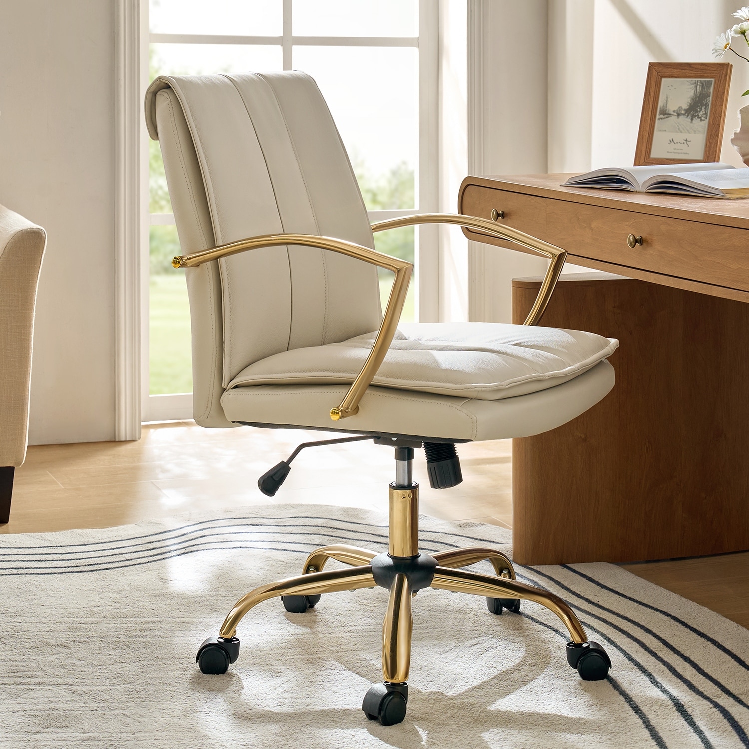 HULALA HOME Ignacio Breathable Genuine Leather Rocking 360-degree Swivel and Height-Adjustable Office Chair