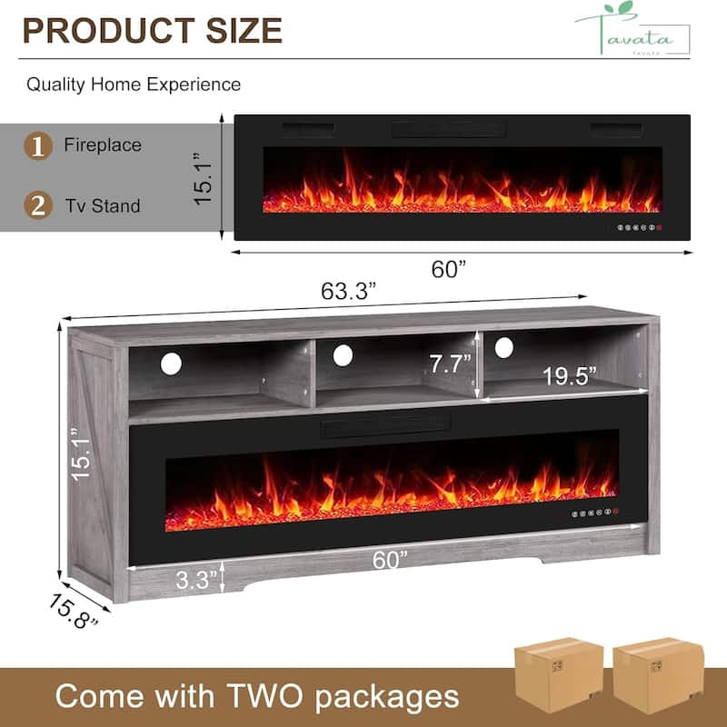 BOSSIN 65" Electric Fireplace TV Stand , Entertainment Center for TVs up to 75" with Open Shelves, Black