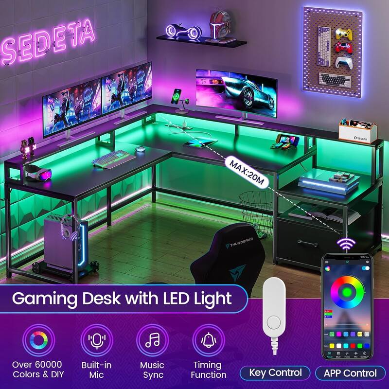 L Shaped Home Office Desk Computer desk File Drawer Power Outlet