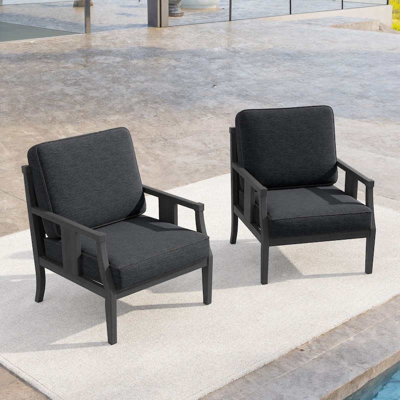 Set of 2 Outdoor Teak Wood Armchairs with Cushions, Patio Club Chairs