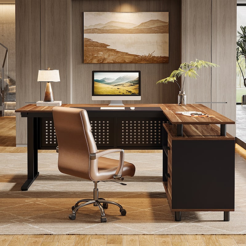 63-Inch L-Shaped Executive Desk with Storage Shelves