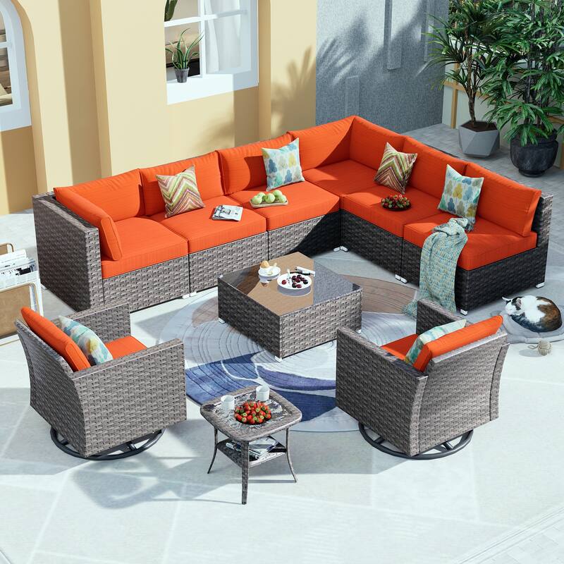 OVIOS Deep Seat Wicker 10-piece Sectional Set Swivel Chairs With Glass Top Coffee Table - Orange/Red