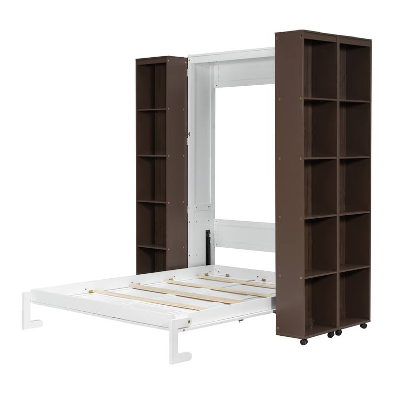 Queen Murphy Bed with Storage Bookcase, Space Saving Queen Foldable Wood Wall Bedframe for Guest Room, Home Office, Bedroom