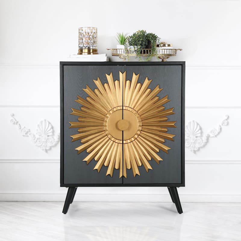 Solid Wood 2-door Sunburst Accent Cabinet Farmhouse Storage Sideboard Cupboard Buffet - W 16.5" x L 31.5" x H 38.5"