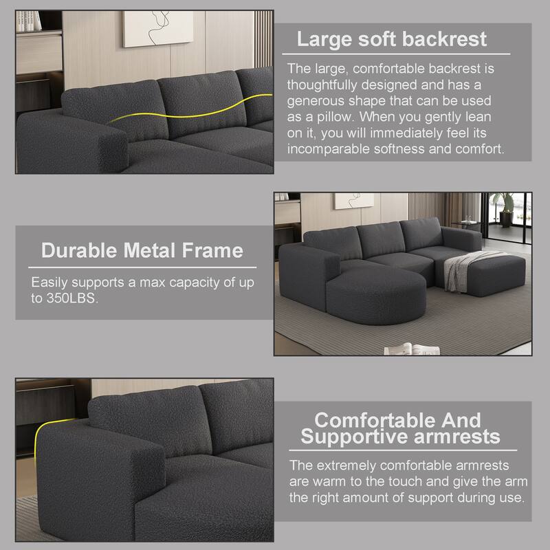 104.32" Yarn Fleece Modular Sectional Sofa Set with Chaise & Ottoman, U-Shaped 5-Seater Sleeper