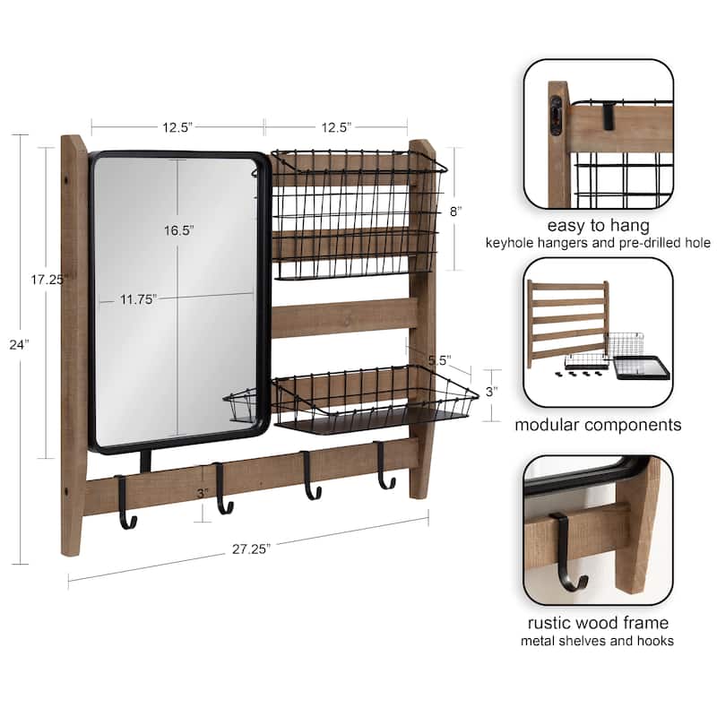 Kate and Laurel Tanner Wall Organizer with Mirror and Hooks