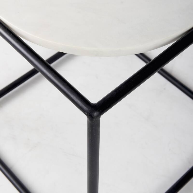 22" Black Marble Round End Table - Black and White