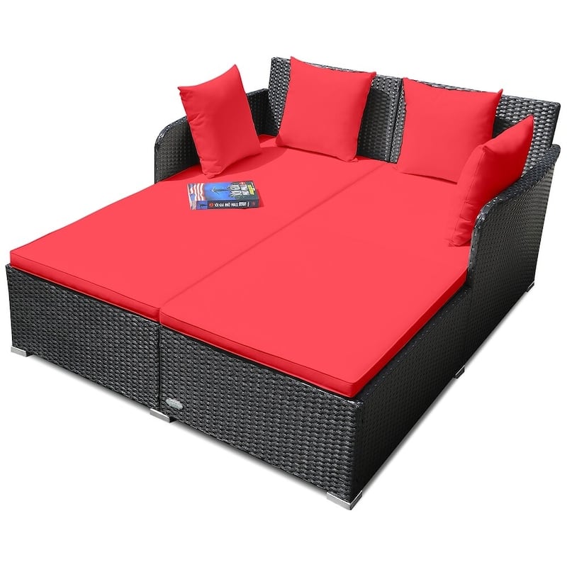 Outdoor Rattan Daybed Sunbed Patio Sofa Set with Spacious Seat - Red