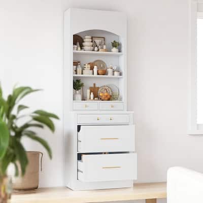 Modern 83.7" Kitchen Hutch with Faux Marble Countertop, 5 Drawers, Adjustable Shelves, and Anti-Tip Kit