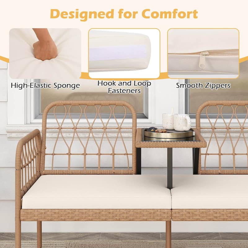 Costway PE Rattan Outdoor Loveseat with Built-in Coffee Table & Soft - See Details