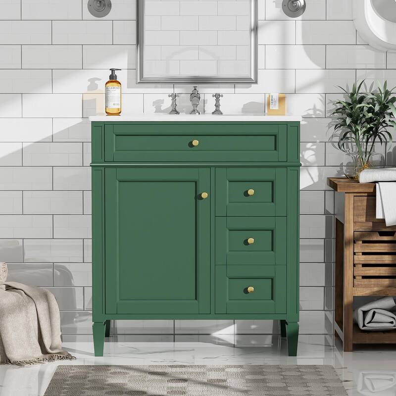 Single Sink Vanity for Bathroom Storage Cabinet with Tip-out Drawer, Small Drawer, Large Drawer, Door Rack and Adjustable Shelf - Green
