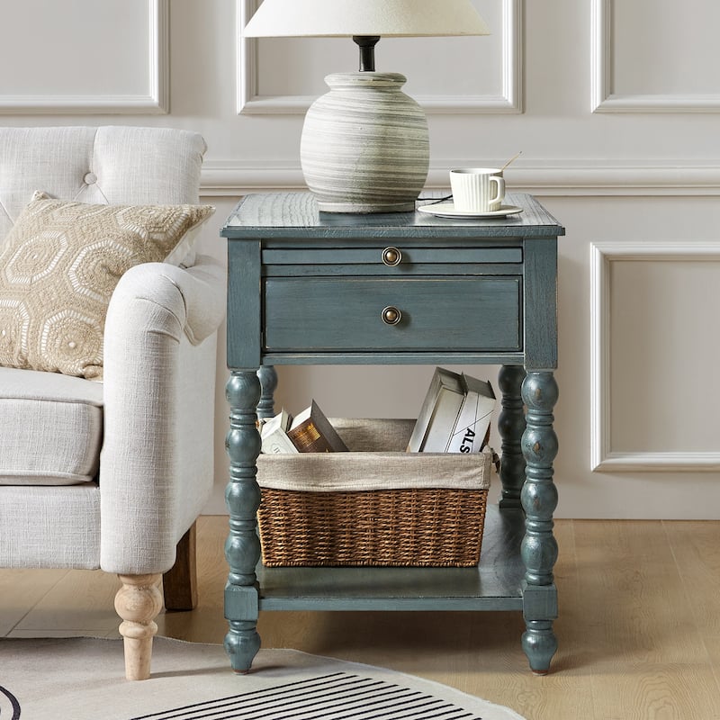 Eric Traditional 26" Tall Solid Wood End Table with Built-in Charging Station and Extendable Tray by HULALA HOME