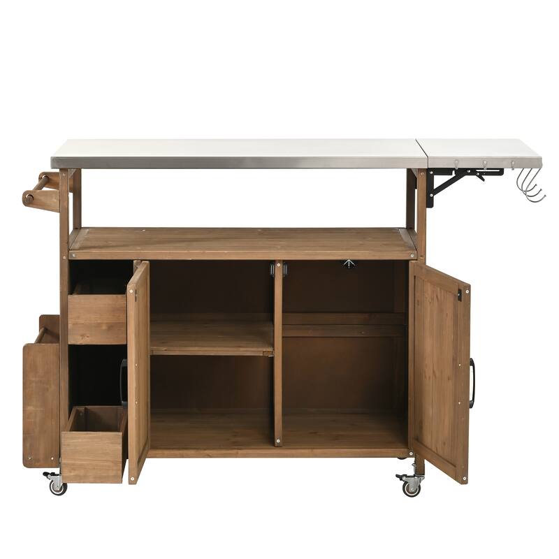 Christopher Knight Home - 54.33" Solid Wood Mobile Outdoor Kitchen Cart with Stainless Steel Top & Spice Rack & Lockable Wheels