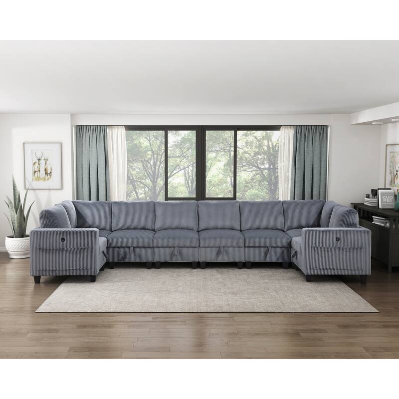 8-Piece Modular Sectional with Storage, Pockets, Ports in Dark Gray Corduroy, Solid Wood