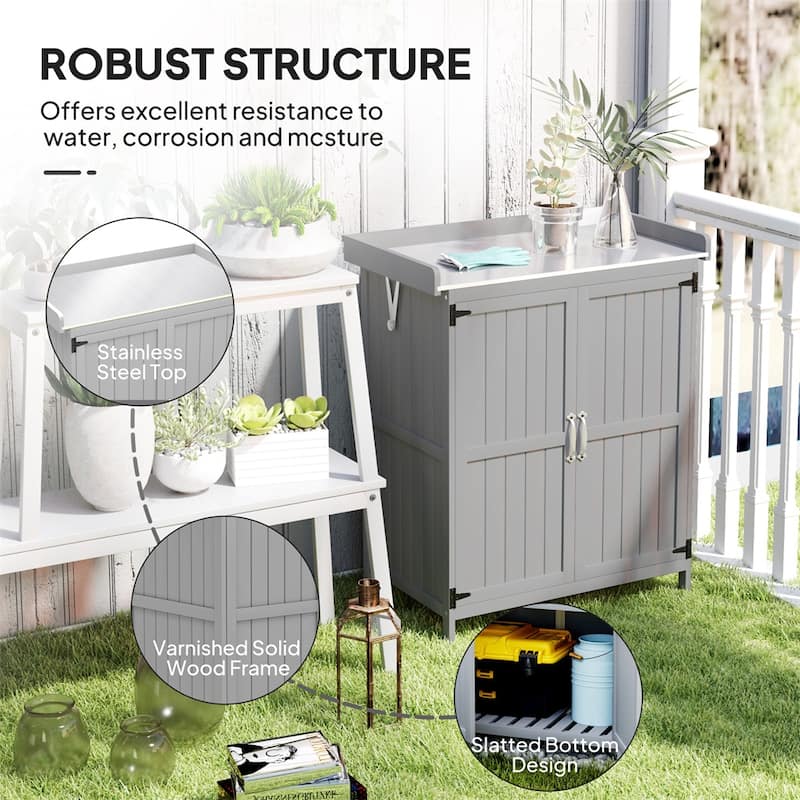 Wooden Outdoor Storage Shed with Stainless Steel Top & Inner Shelf - 29.1" W x 16.9" D x 34.6" H