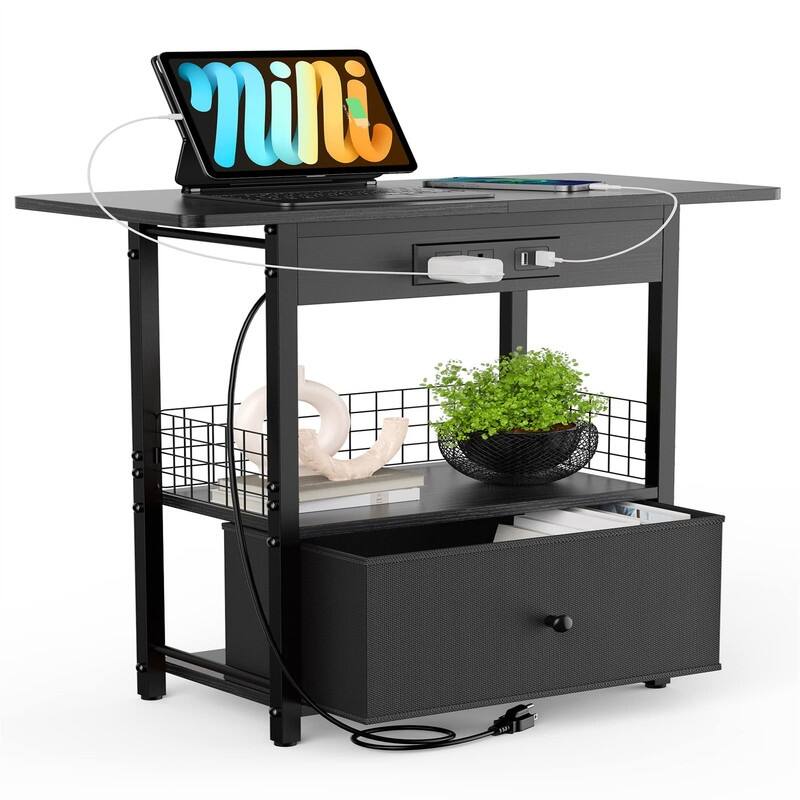 End Table with Charging Station - 12.2"D x 25.5"W x 25.5"H - Black