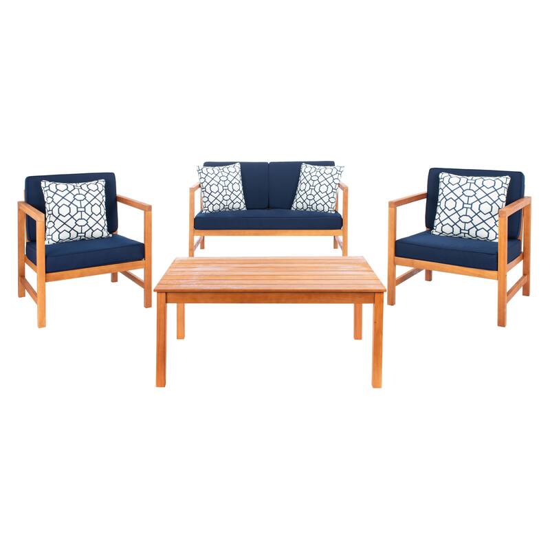SAFAVIEH Outdoor Citlali 4-Piece Conversation Set with Accent Pillow - 50W x 29D x 29H - Natural/Navy