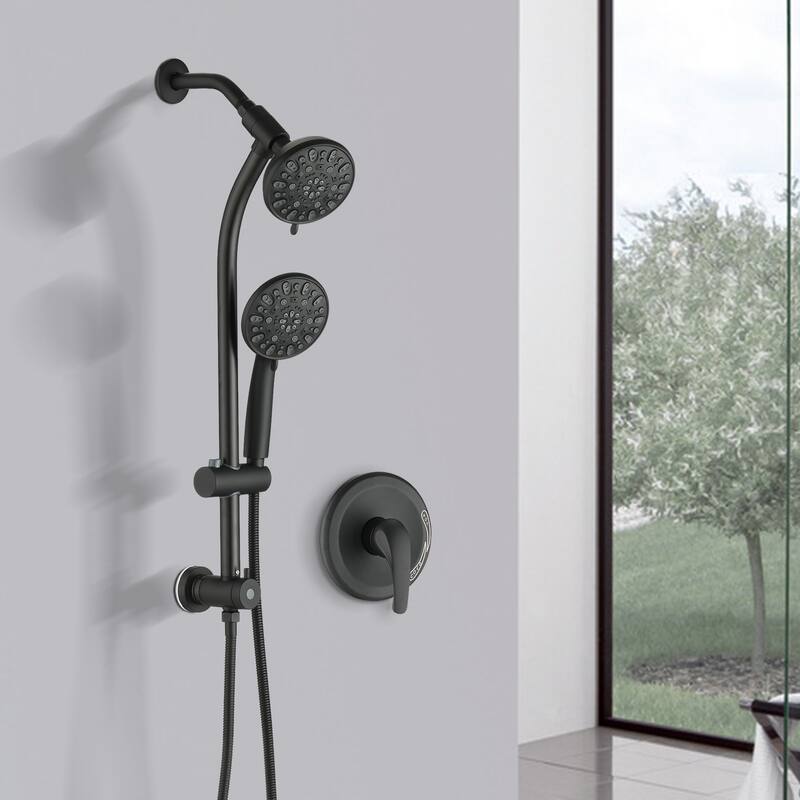 Drill-Free Stainless Steel Slide Bar Combo Rain Showerhead 7-Setting Hand, Dual Shower Head Spa System (Rough-in Valve Included)
