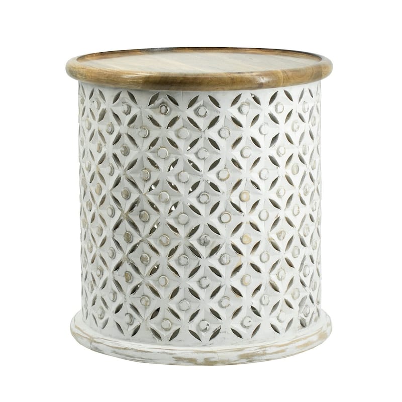 17 in. White and Brown Round Wood End Table, Sturdy Build End Side Table for Living Rooms