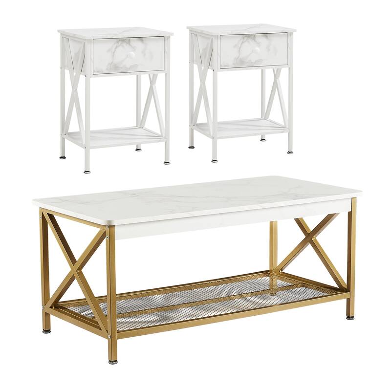 VECELO Contemporary Coffee Table Set, Living Room Set(2PCS/3PCS) - 3-Pieces - Marble