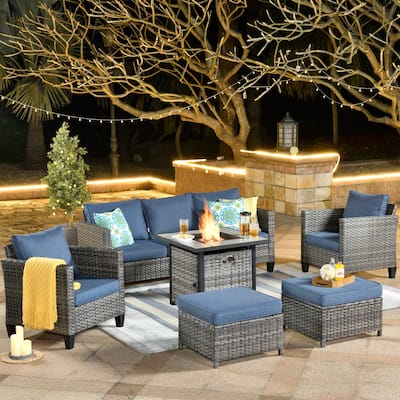 OVIOS 6-piece Outdoor High-back Wicker Sectional Set With Fire Pit