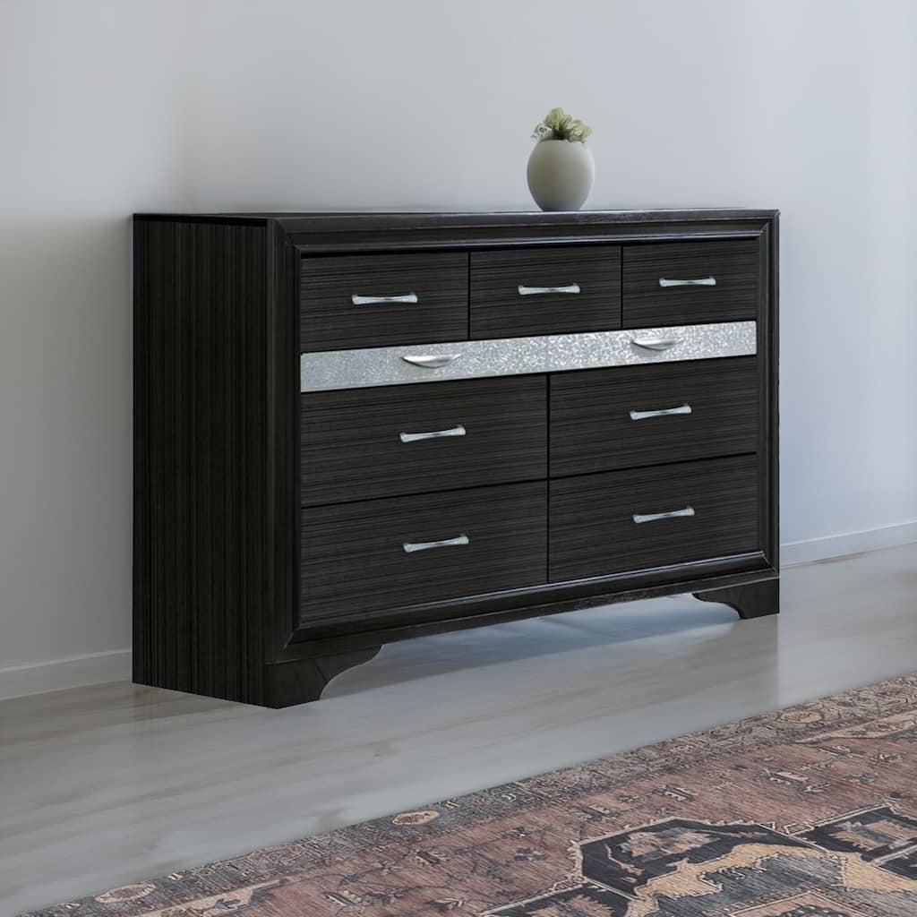 Two Tone Wooden Dresser With Nine Drawers, Black And Silver