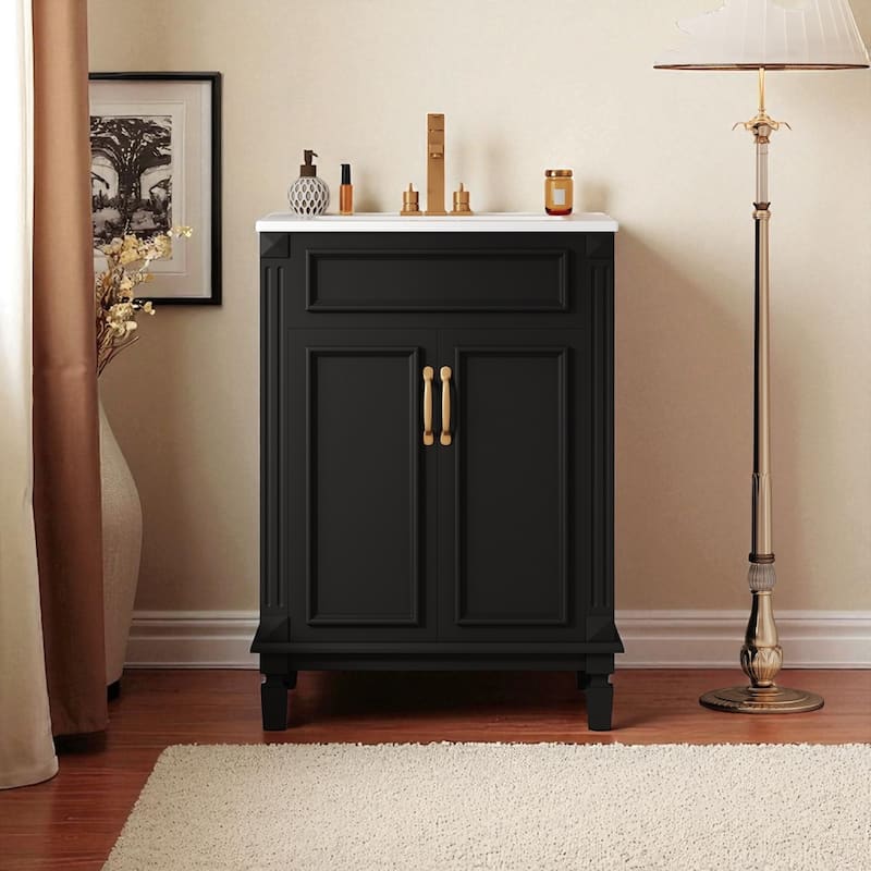 24'' Bathroom Vanity with Sink, Solid Wood Frame, Modern Storage Cabinet with 2 Soft-Close Doors & Shelf - Black