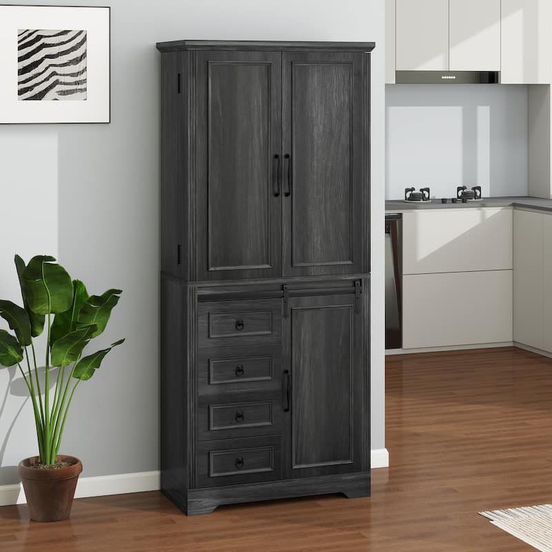Moasis Farmhouse Kitchen Pantry Storage Cabinet with Barn Doors And 4 Drawers - Black